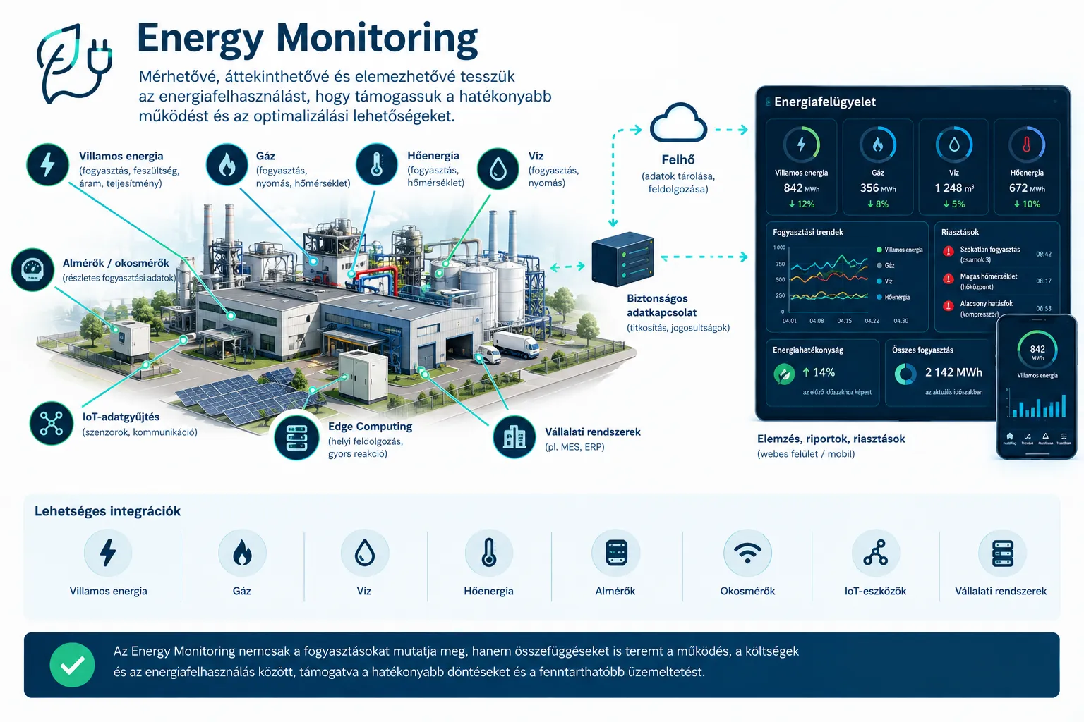 Infografika: Energy Monitoring – mérhetővé, áttekinthetővé és elemezhetővé tesszük az energiafelhasználást. Balra egy ipari üzem a mérési pontokkal: villamos energia (fogyasztás, feszültség, áram, teljesítmény), gáz (fogyasztás, nyomás, hőmérséklet), hőenergia (fogyasztás, hőmérséklet), víz (fogyasztás, nyomás), almérők és okosmérők, IoT-adatgyűjtés, Edge Computing helyi feldolgozással, valamint vállalati rendszerek, például MES és ERP. Középen a felhő az adatok tárolására és feldolgozására, és a titkosított, jogosultságkezelt adatkapcsolat. Jobbra az Energiafelügyelet műszerfal fogyasztási értékekkel, fogyasztási trendekkel, riasztásokkal, energiahatékonysággal és összes fogyasztással, webes és mobil felületen. Alul a lehetséges integrációk: villamos energia, gáz, víz, hőenergia, almérők, okosmérők, IoT-eszközök és vállalati rendszerek.