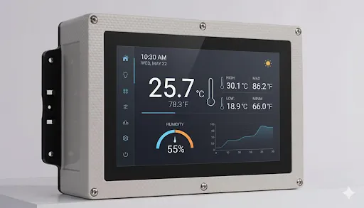 Falra szerelhető, szürke házas érintőkijelző a környezetmonitoring felületével: 25,7 °C aktuális hőmérséklet, a legmagasabb és a legalacsonyabb mért érték, 55%-os páratartalom-mérő és a változásokat mutató trenddiagram.