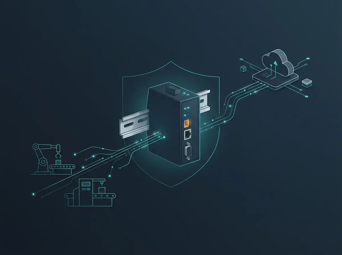 Smart in-Flow Gateway ipari átjáró a gyártósori gépek és a központi – helyi vagy felhős – platform között; a pajzs a titkosított, védett kapcsolatot jelöli