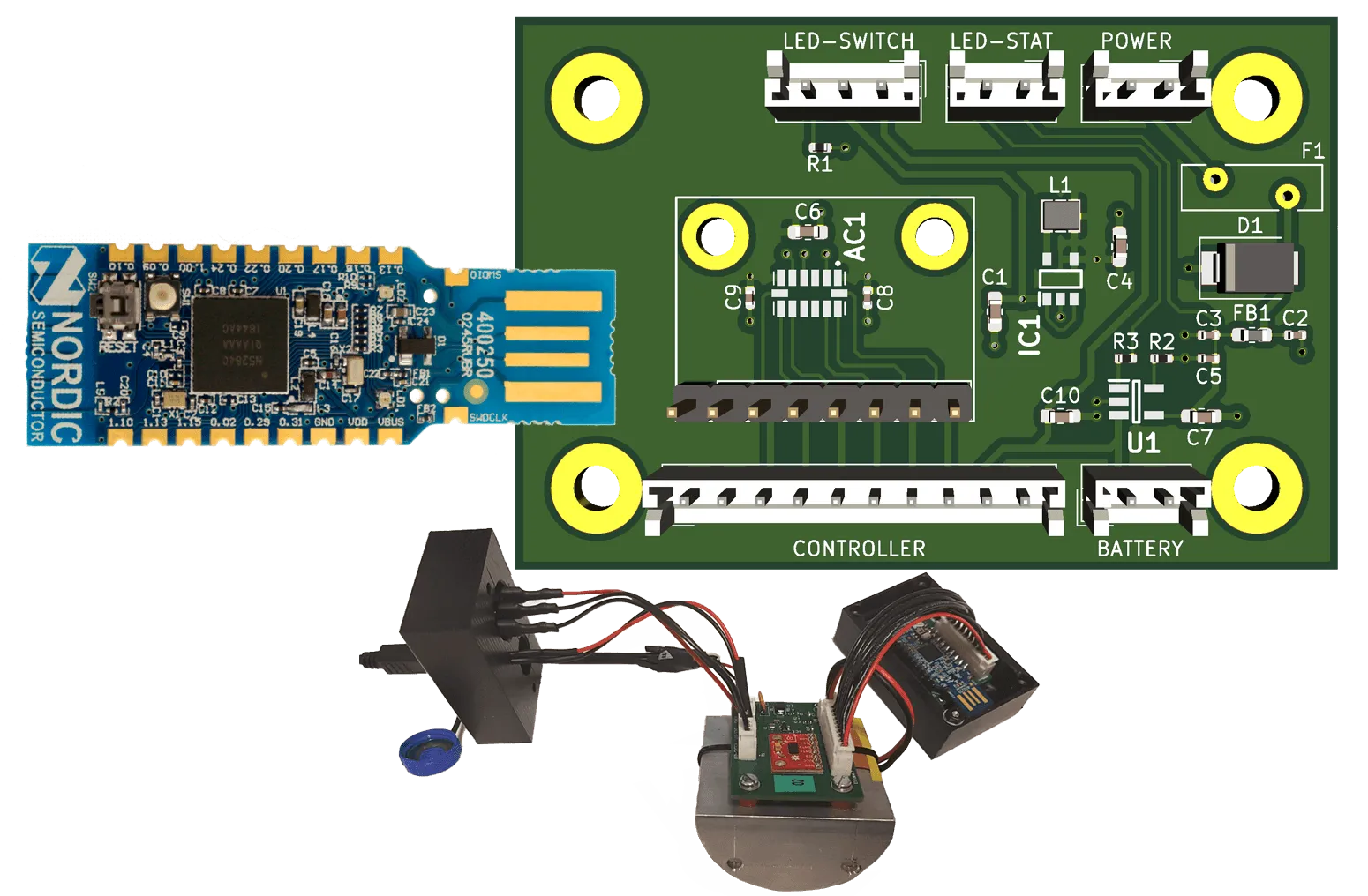A tömörségmérő továbbfejlesztett elektronikája: nRF52840 rádiós modul, a vezérlőkártya NYÁK-terve és az összeszerelt mérőfej prototípusa.