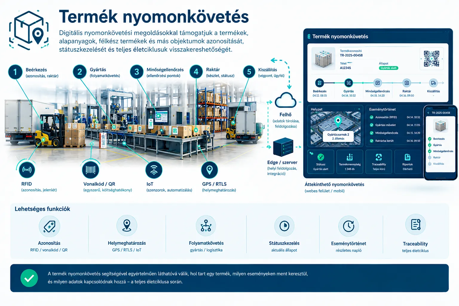 Infografika: Termék nyomonkövetés – digitális nyomonkövetési megoldásokkal támogatjuk a termékek, alapanyagok, félkész termékek és más objektumok azonosítását, státuszkezelését és teljes életciklusuk visszakereshetőségét. Balra egy gyártócsarnok a folyamat öt lépésével: beérkezés (azonosítás, raktár), gyártás (folyamatkövetés), minőségellenőrzés (ellenőrzési pontok), raktár (készlet, státusz) és kiszállítás (végpont, ügyfél); alatta az alkalmazható technológiák: RFID (azonosítás, jelenlét), vonalkód és QR (egyszerű, költséghatékony), IoT (szenzorok, automatizálás), GPS és RTLS (helymeghatározás). Középen a felhő az adatok tárolására és feldolgozására, és az Edge szerver a helyi feldolgozásra és az integrációra. Jobbra a Termék nyomonkövetés felület webes és mobil nézetben: termékazonosító, tétel, állapot, a lépések idővonala, a termék helyzete, eseménytörténet, státusz, termékmennyiség, traceability és riportok. Alul a lehetséges funkciók: azonosítás, helymeghatározás, folyamatkövetés, státuszkezelés, eseménytörténet és traceability. Az összegző sáv szerint a termék nyomonkövetés segítségével egyértelműen láthatóvá válik, hol tart egy termék, milyen eseményeken ment keresztül, és milyen adatok kapcsolódnak hozzá a teljes életciklusa során.