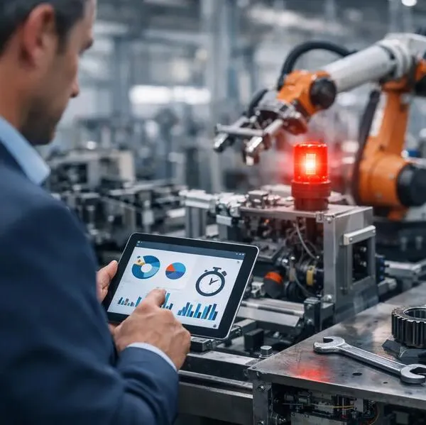 Szakember egy gyártósor mellett tableten nézi a minőségi kimutatásokat: kör- és oszlopdiagramokat és egy stopperóra-ikont; mögötte narancssárga ipari robotkar és egy gép, amelyen piros jelzőlámpa világít, elöl fogaskerék és villáskulcs a munkapadon.